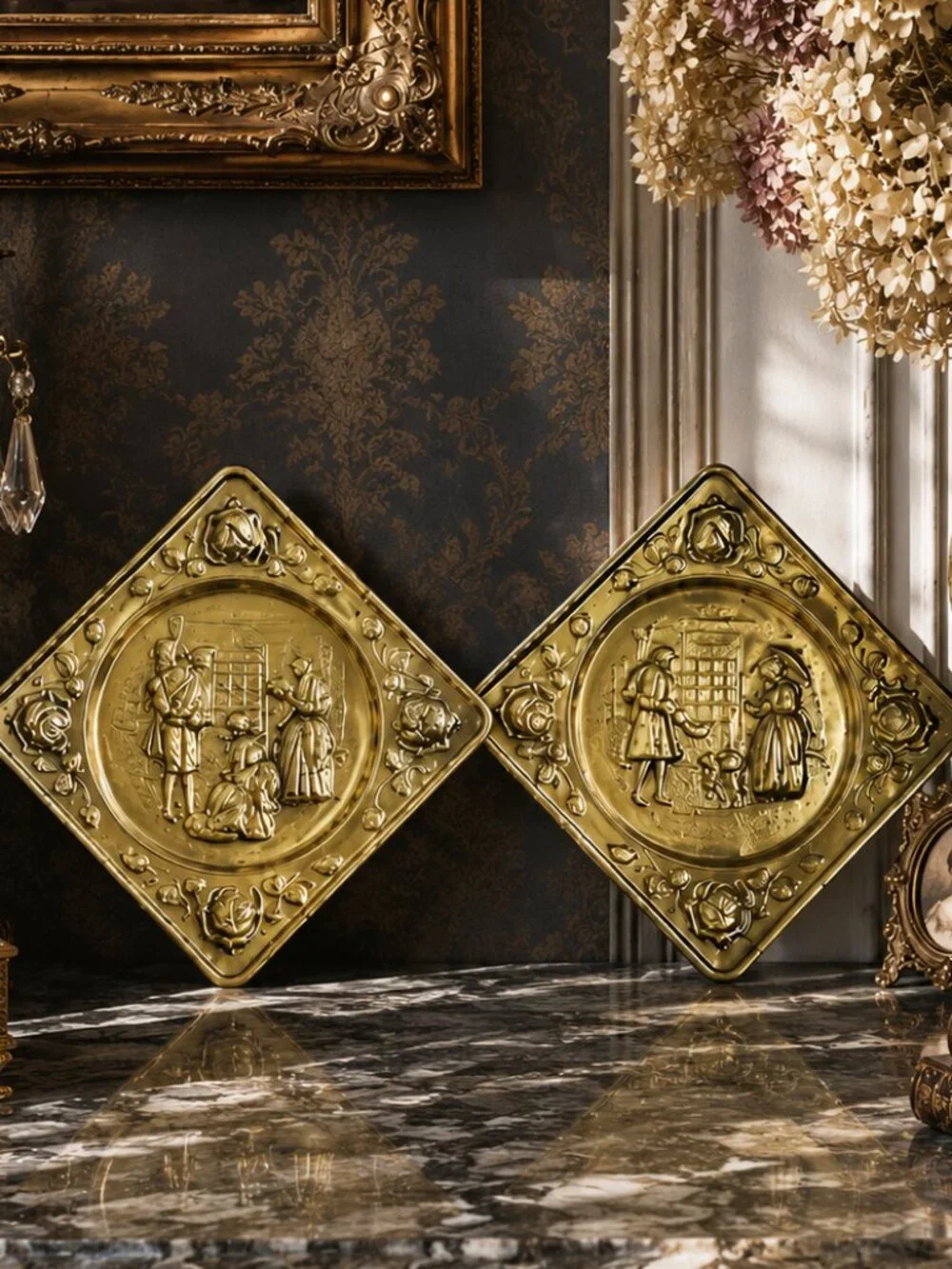Set of 2 Vintage Brass Peerage Victorian Scenes Embossed Plaques Made in England